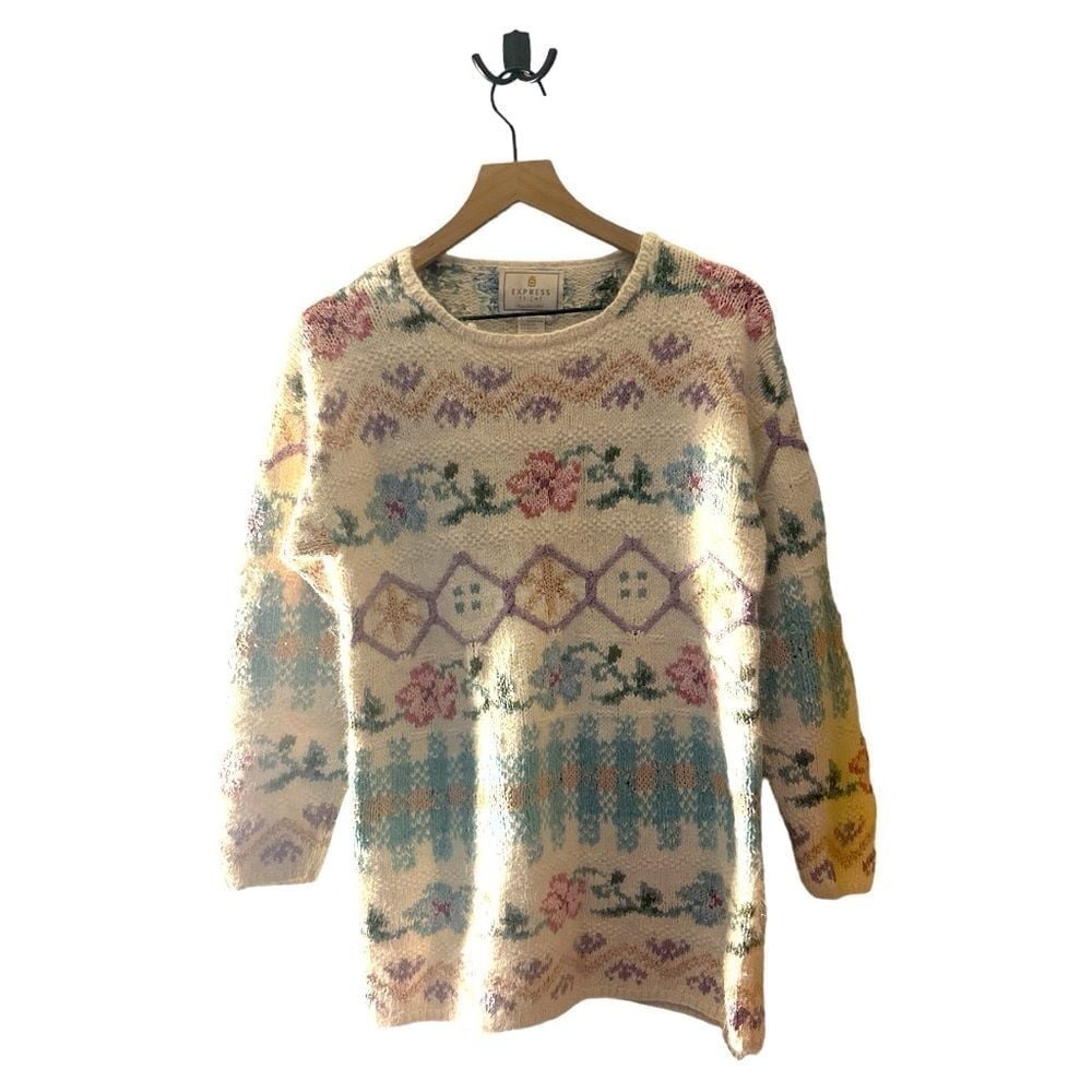 Express Tricot Hand-Knitted Floral Angora Blend Sweater Cottagecore Size S